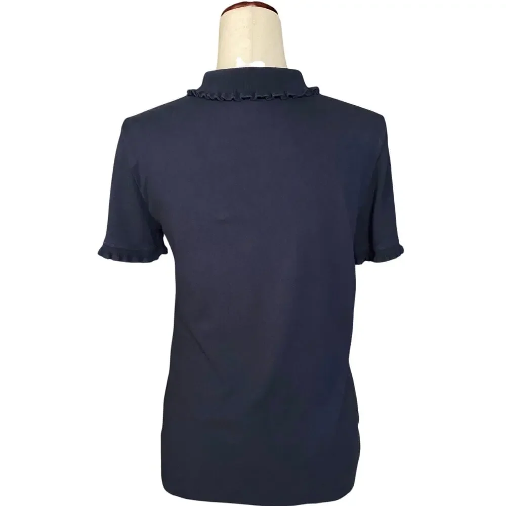 Tory Burch Pearl Button Polo Womens M Lettuce Hem Collar and Sleeves Navy Preppy
